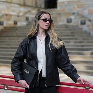 Quince Black Leather Zip-Front Jacket for Women